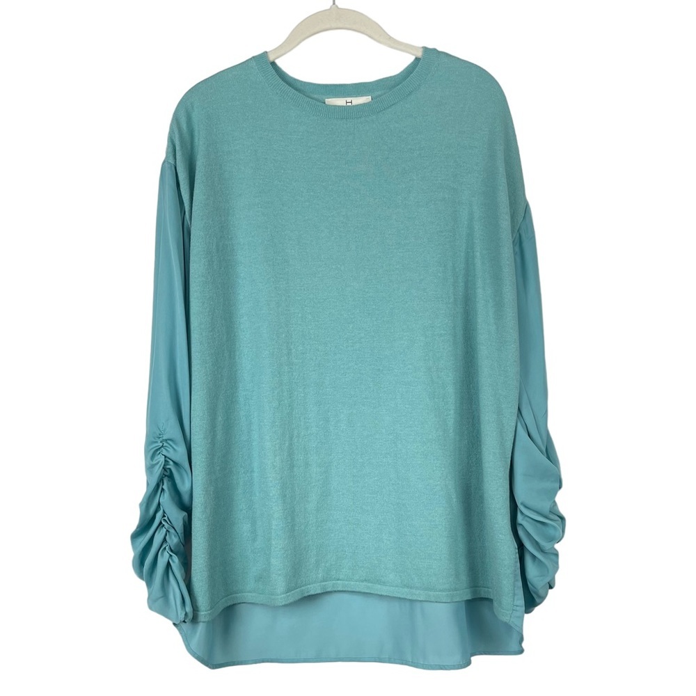 H Halston Sweater Womens Small Turquoise Blue Green Knit‎ Front Satiny Back Ruch